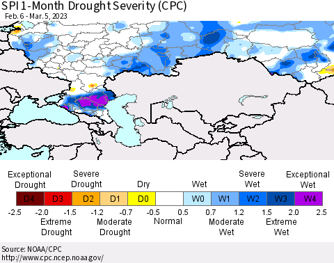 Russian Federation SPI 1-Month Drought Severity (CPC) Thematic Map For 2/6/2023 - 3/5/2023