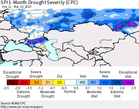 Russian Federation SPI 1-Month Drought Severity (CPC) Thematic Map For 2/11/2023 - 3/10/2023