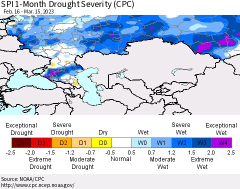 Russian Federation SPI 1-Month Drought Severity (CPC) Thematic Map For 2/16/2023 - 3/15/2023