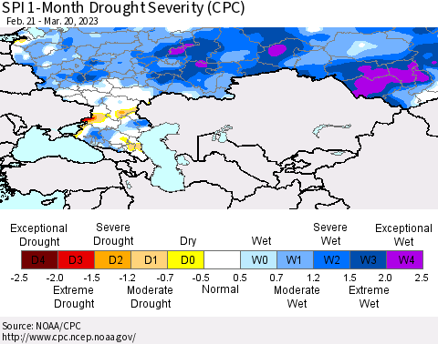 Russian Federation SPI 1-Month Drought Severity (CPC) Thematic Map For 2/21/2023 - 3/20/2023