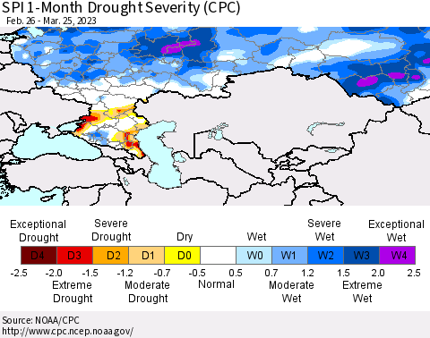 Russian Federation SPI 1-Month Drought Severity (CPC) Thematic Map For 2/26/2023 - 3/25/2023