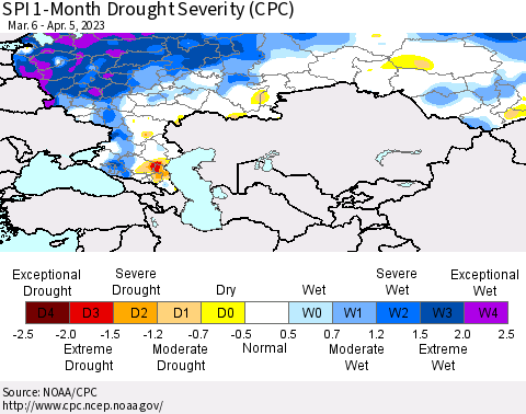 Russian Federation SPI 1-Month Drought Severity (CPC) Thematic Map For 3/6/2023 - 4/5/2023
