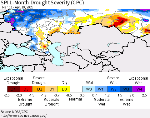 Russian Federation SPI 1-Month Drought Severity (CPC) Thematic Map For 3/11/2023 - 4/10/2023