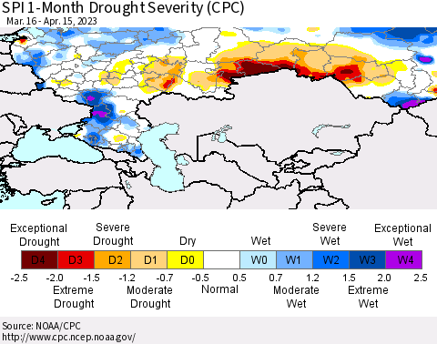 Russian Federation SPI 1-Month Drought Severity (CPC) Thematic Map For 3/16/2023 - 4/15/2023