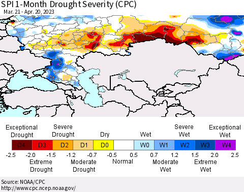 Russian Federation SPI 1-Month Drought Severity (CPC) Thematic Map For 3/21/2023 - 4/20/2023