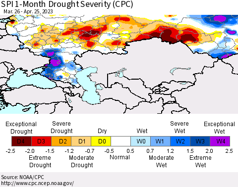 Russian Federation SPI 1-Month Drought Severity (CPC) Thematic Map For 3/26/2023 - 4/25/2023