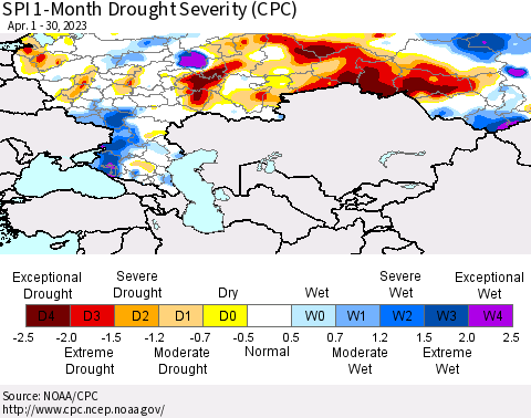 Russian Federation SPI 1-Month Drought Severity (CPC) Thematic Map For 4/1/2023 - 4/30/2023