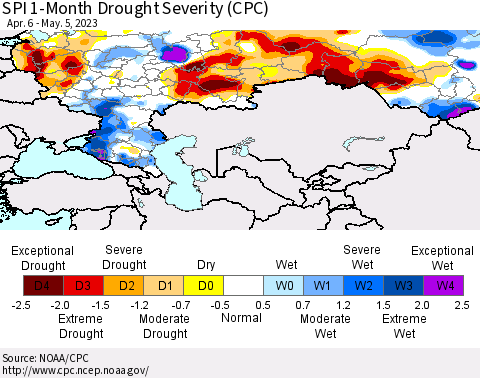 Russian Federation SPI 1-Month Drought Severity (CPC) Thematic Map For 4/6/2023 - 5/5/2023