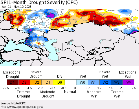 Russian Federation SPI 1-Month Drought Severity (CPC) Thematic Map For 4/11/2023 - 5/10/2023