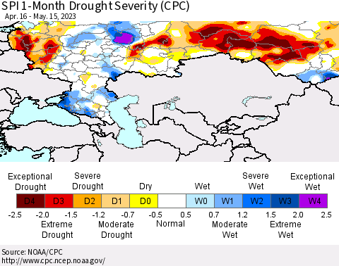 Russian Federation SPI 1-Month Drought Severity (CPC) Thematic Map For 4/16/2023 - 5/15/2023