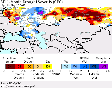 Russian Federation SPI 1-Month Drought Severity (CPC) Thematic Map For 4/21/2023 - 5/20/2023