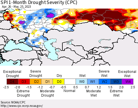 Russian Federation SPI 1-Month Drought Severity (CPC) Thematic Map For 4/26/2023 - 5/25/2023