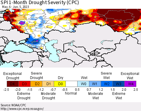 Russian Federation SPI 1-Month Drought Severity (CPC) Thematic Map For 5/6/2023 - 6/5/2023