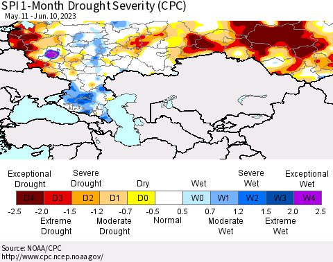 Russian Federation SPI 1-Month Drought Severity (CPC) Thematic Map For 5/11/2023 - 6/10/2023