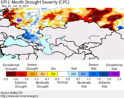 Russian Federation SPI 1-Month Drought Severity (CPC) Thematic Map For 5/16/2023 - 6/15/2023
