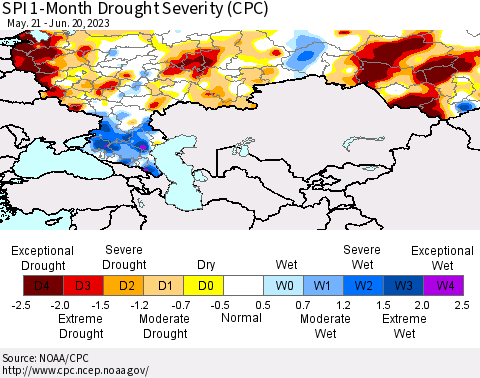 Russian Federation SPI 1-Month Drought Severity (CPC) Thematic Map For 5/21/2023 - 6/20/2023