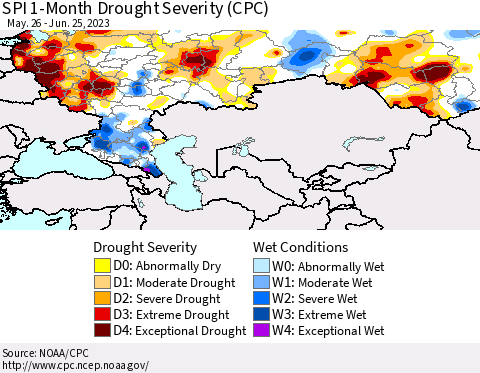Russian Federation SPI 1-Month Drought Severity (CPC) Thematic Map For 5/26/2023 - 6/25/2023