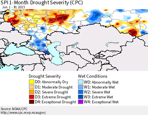 Russian Federation SPI 1-Month Drought Severity (CPC) Thematic Map For 6/1/2023 - 6/30/2023