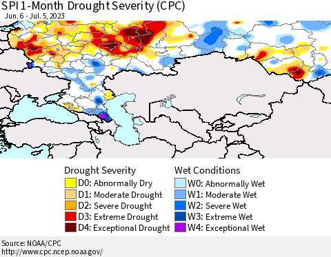 Russian Federation SPI 1-Month Drought Severity (CPC) Thematic Map For 6/6/2023 - 7/5/2023