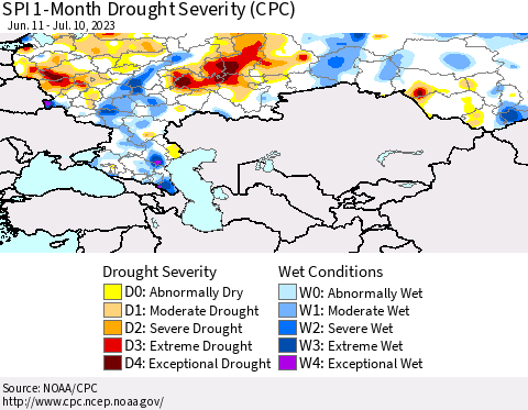 Russian Federation SPI 1-Month Drought Severity (CPC) Thematic Map For 6/11/2023 - 7/10/2023