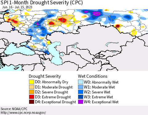 Russian Federation SPI 1-Month Drought Severity (CPC) Thematic Map For 6/16/2023 - 7/15/2023