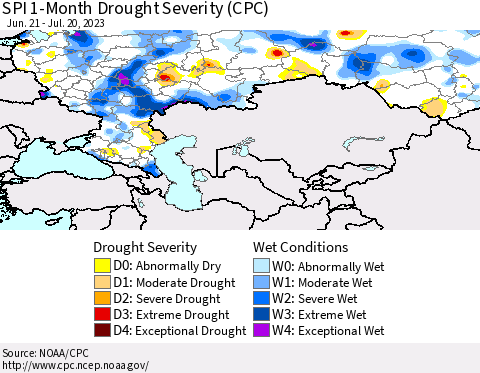 Russian Federation SPI 1-Month Drought Severity (CPC) Thematic Map For 6/21/2023 - 7/20/2023
