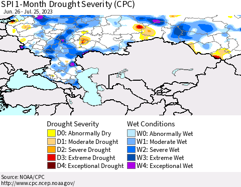 Russian Federation SPI 1-Month Drought Severity (CPC) Thematic Map For 6/26/2023 - 7/25/2023