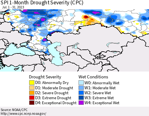 Russian Federation SPI 1-Month Drought Severity (CPC) Thematic Map For 7/1/2023 - 7/31/2023