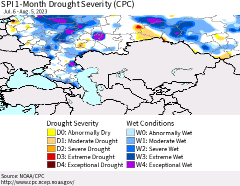 Russian Federation SPI 1-Month Drought Severity (CPC) Thematic Map For 7/6/2023 - 8/5/2023
