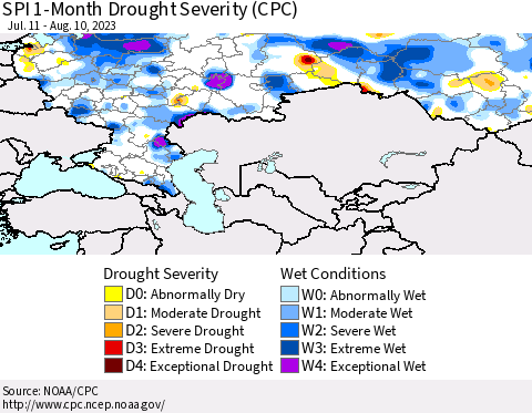 Russian Federation SPI 1-Month Drought Severity (CPC) Thematic Map For 7/11/2023 - 8/10/2023