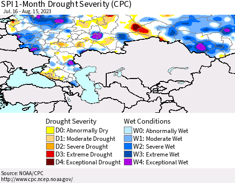 Russian Federation SPI 1-Month Drought Severity (CPC) Thematic Map For 7/16/2023 - 8/15/2023