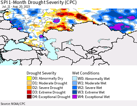 Russian Federation SPI 1-Month Drought Severity (CPC) Thematic Map For 7/21/2023 - 8/20/2023