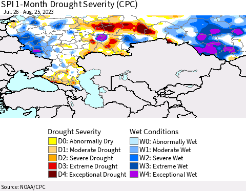 Russian Federation SPI 1-Month Drought Severity (CPC) Thematic Map For 7/26/2023 - 8/25/2023