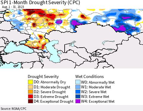 Russian Federation SPI 1-Month Drought Severity (CPC) Thematic Map For 8/1/2023 - 8/31/2023
