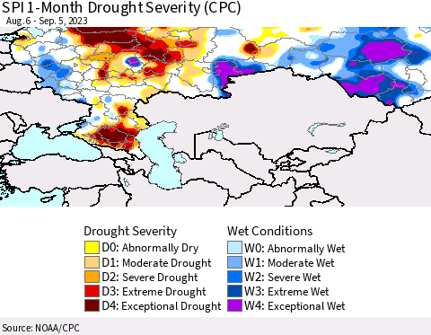 Russian Federation SPI 1-Month Drought Severity (CPC) Thematic Map For 8/6/2023 - 9/5/2023