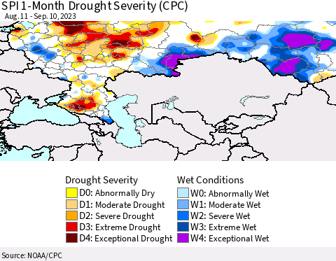 Russian Federation SPI 1-Month Drought Severity (CPC) Thematic Map For 8/11/2023 - 9/10/2023
