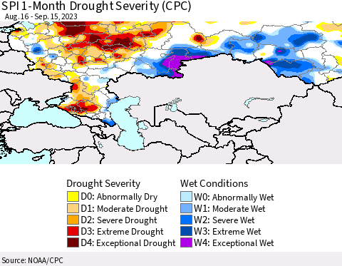 Russian Federation SPI 1-Month Drought Severity (CPC) Thematic Map For 8/16/2023 - 9/15/2023