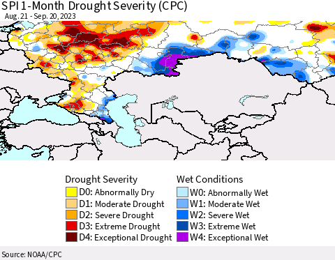 Russian Federation SPI 1-Month Drought Severity (CPC) Thematic Map For 8/21/2023 - 9/20/2023