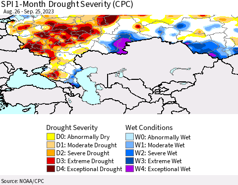 Russian Federation SPI 1-Month Drought Severity (CPC) Thematic Map For 8/26/2023 - 9/25/2023