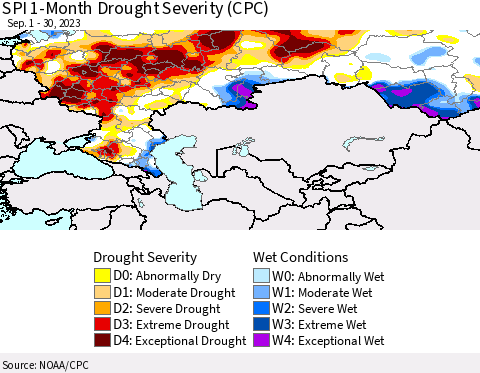 Russian Federation SPI 1-Month Drought Severity (CPC) Thematic Map For 9/1/2023 - 9/30/2023