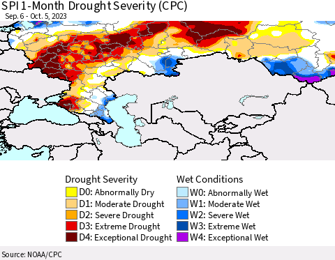 Russian Federation SPI 1-Month Drought Severity (CPC) Thematic Map For 9/6/2023 - 10/5/2023