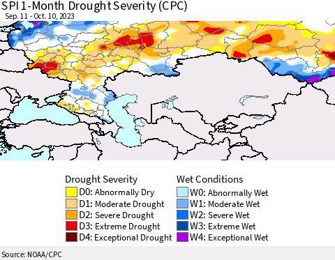Russian Federation SPI 1-Month Drought Severity (CPC) Thematic Map For 9/11/2023 - 10/10/2023