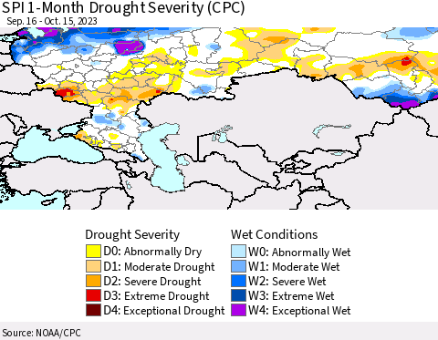 Russian Federation SPI 1-Month Drought Severity (CPC) Thematic Map For 9/16/2023 - 10/15/2023