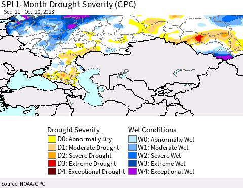 Russian Federation SPI 1-Month Drought Severity (CPC) Thematic Map For 9/21/2023 - 10/20/2023