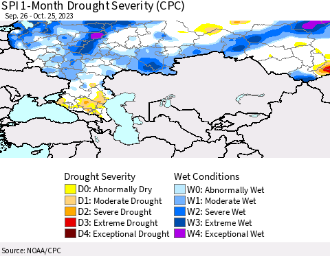 Russian Federation SPI 1-Month Drought Severity (CPC) Thematic Map For 9/26/2023 - 10/25/2023