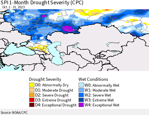 Russian Federation SPI 1-Month Drought Severity (CPC) Thematic Map For 10/1/2023 - 10/31/2023