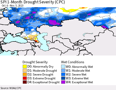 Russian Federation SPI 1-Month Drought Severity (CPC) Thematic Map For 10/6/2023 - 11/5/2023