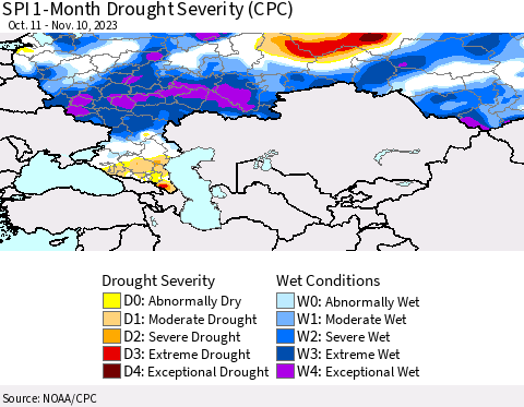 Russian Federation SPI 1-Month Drought Severity (CPC) Thematic Map For 10/11/2023 - 11/10/2023