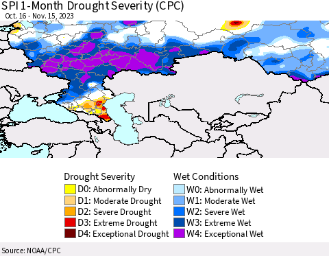 Russian Federation SPI 1-Month Drought Severity (CPC) Thematic Map For 10/16/2023 - 11/15/2023