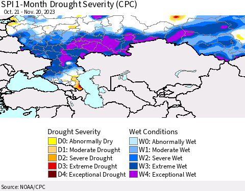 Russian Federation SPI 1-Month Drought Severity (CPC) Thematic Map For 10/21/2023 - 11/20/2023